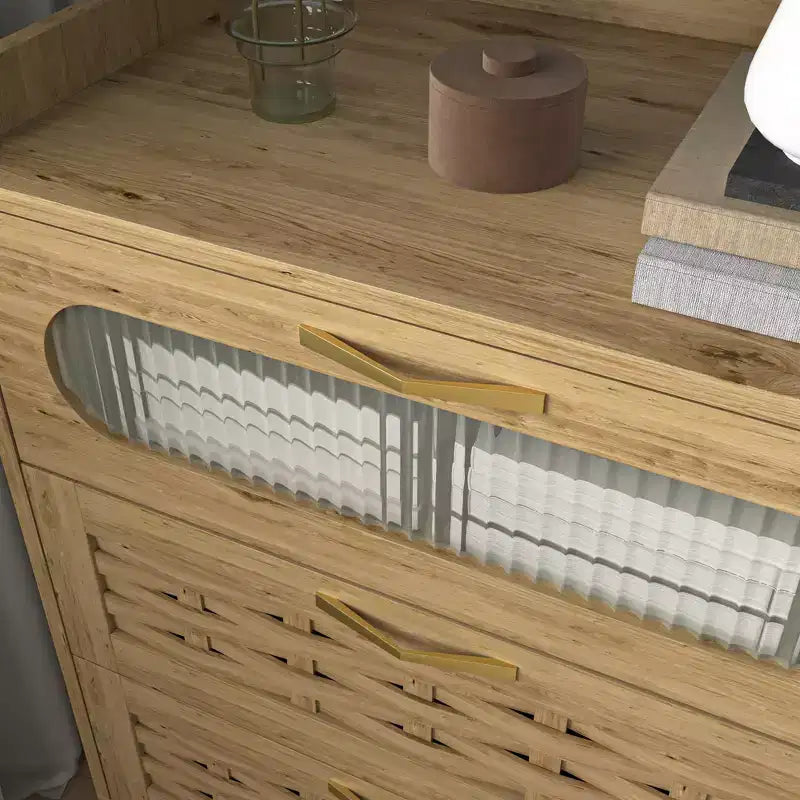Commode horizontale en bois à six tiroirs avec poignées dorées 47,24 po L, style ferme