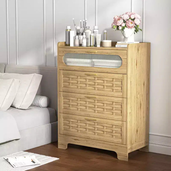 Commode verticale en bois avec quatre tiroirs et poignées dorées, style rustique, hauteur 41,34 pouces