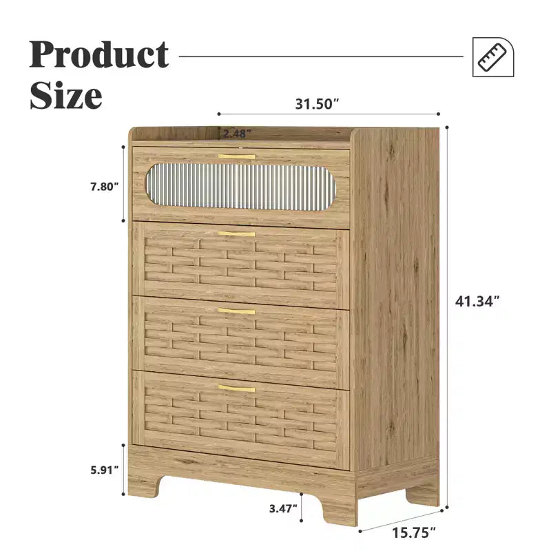 Commode verticale en bois avec quatre tiroirs et poignées dorées, style rustique, hauteur 41,34 pouces