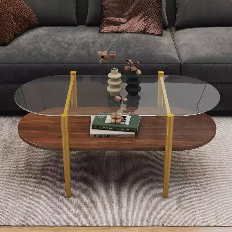 Table basse ovale en verre double plateau avec dessus en verre trempé et étagère en MDF pour salon