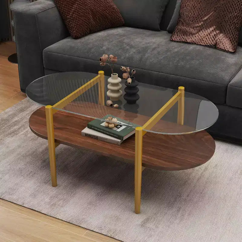 Table basse ovale en verre double plateau avec dessus en verre trempé et étagère en MDF pour salon