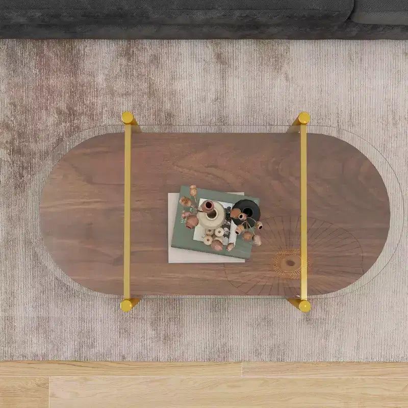 Table basse ovale en verre double plateau avec dessus en verre trempé et étagère en MDF pour salon