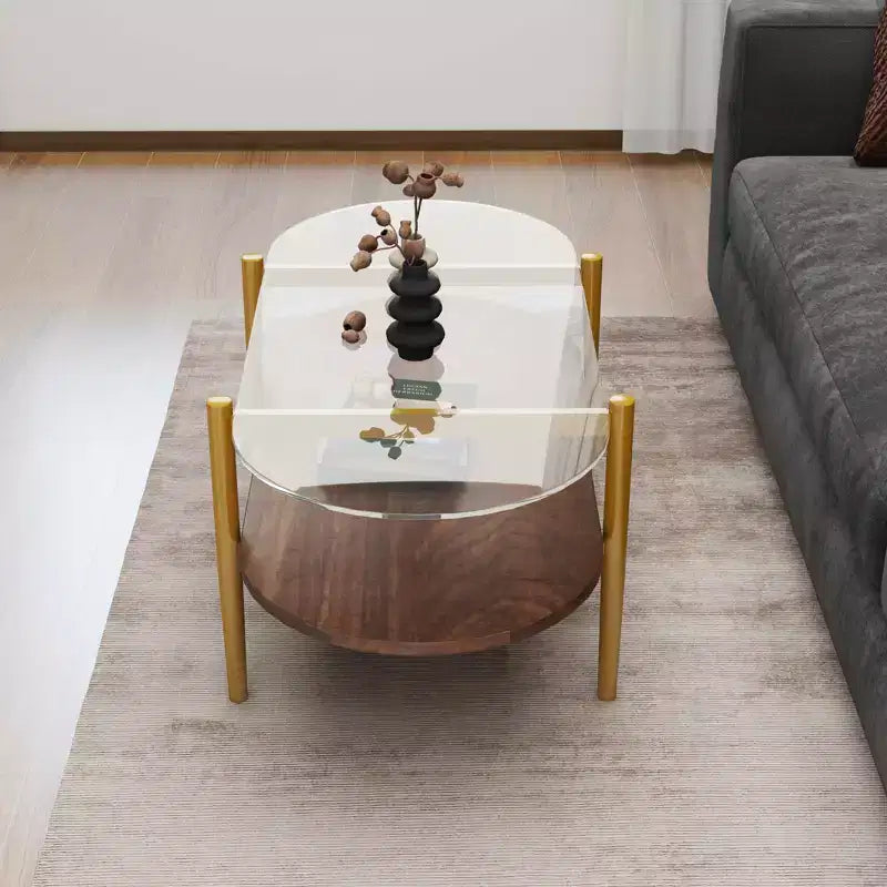 Table basse ovale en verre double plateau avec dessus en verre trempé et étagère en MDF pour salon