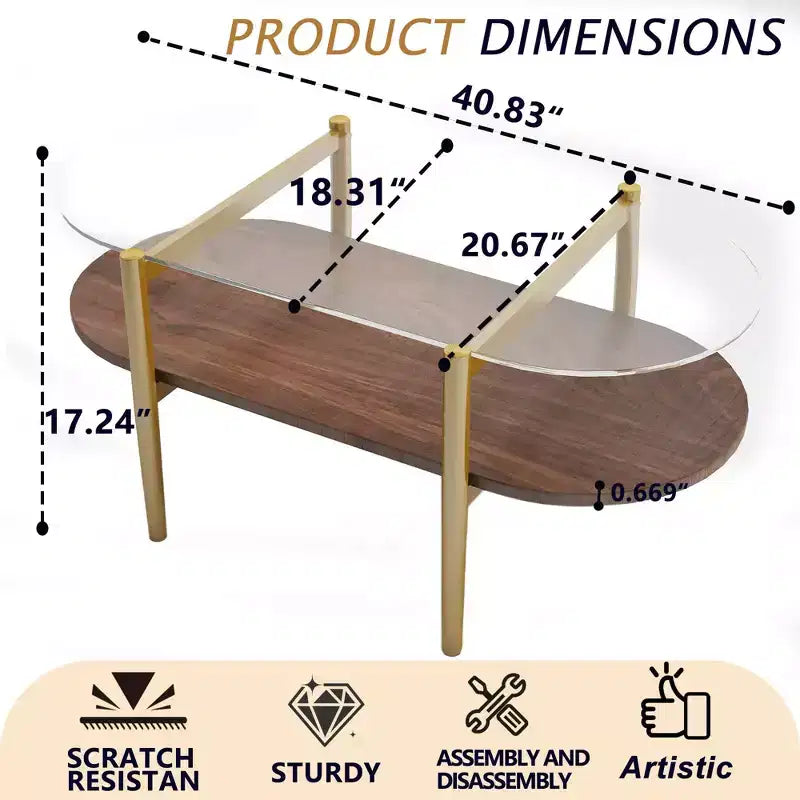 Table basse ovale en verre double plateau avec dessus en verre trempé et étagère en MDF pour salon