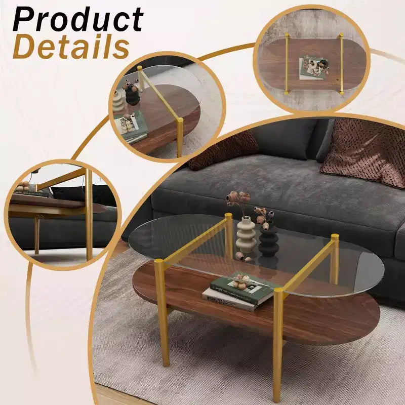 Table basse ovale en verre double plateau avec dessus en verre trempé et étagère en MDF pour salon