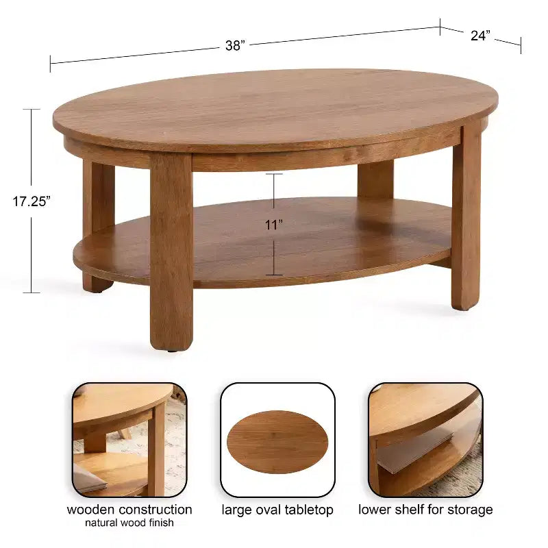 Table basse ovale en bois, 38"x24"x18", Naturelle