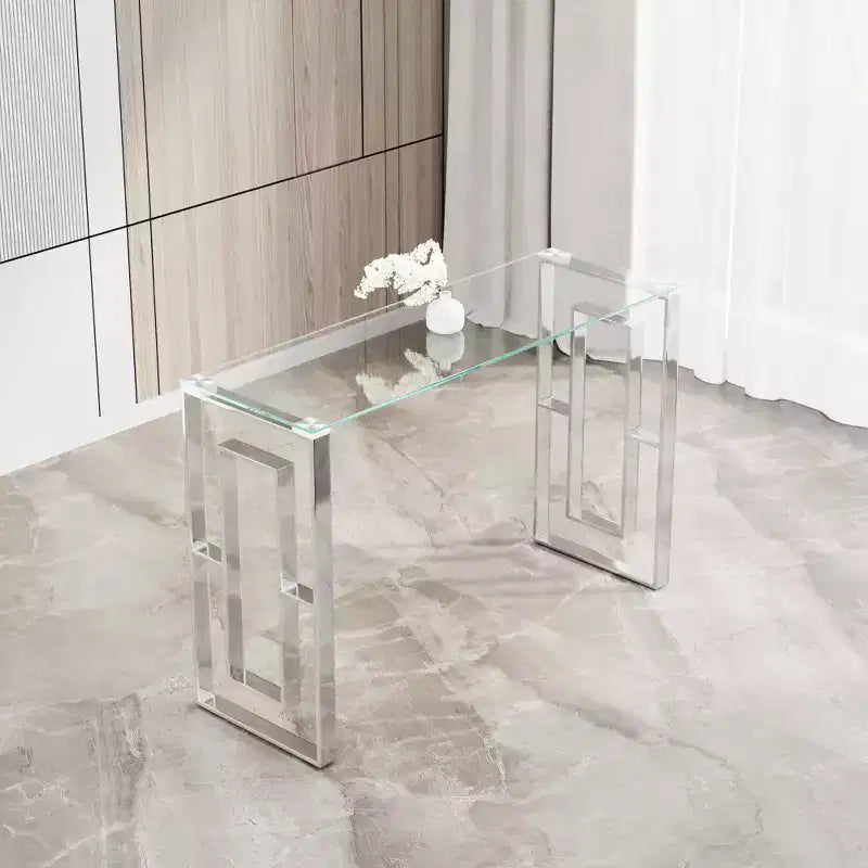 Console moderne, verre transparent avec pieds en acier inoxydable pour salon, bureau, argent