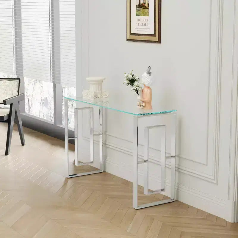 Console moderne, verre transparent avec pieds en acier inoxydable pour salon, bureau, argent