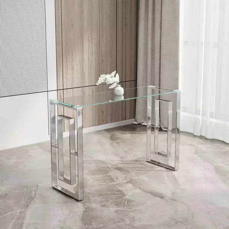 Console moderne, verre transparent avec pieds en acier inoxydable pour salon, bureau, argent