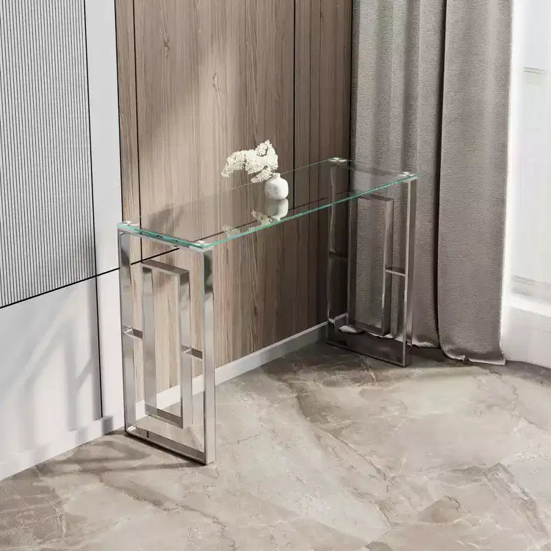 Console moderne, verre transparent avec pieds en acier inoxydable pour salon, bureau, argent