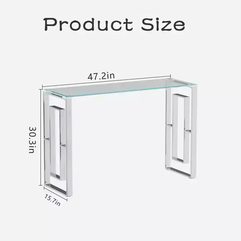 Console moderne, verre transparent avec pieds en acier inoxydable pour salon, bureau, argent