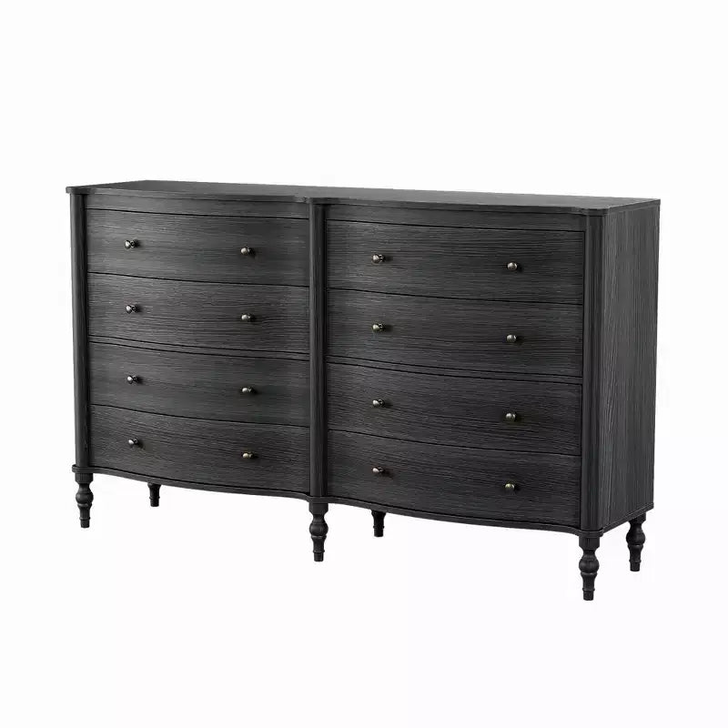 Commode vintage galbée en chêne noir/clair avec 8 tiroirs, Rangement de chambre à coucher avec poignées en bronze