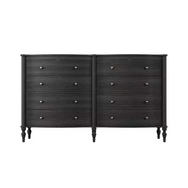 Commode vintage galbée en chêne noir/clair avec 8 tiroirs, Rangement de chambre à coucher avec poignées en bronze