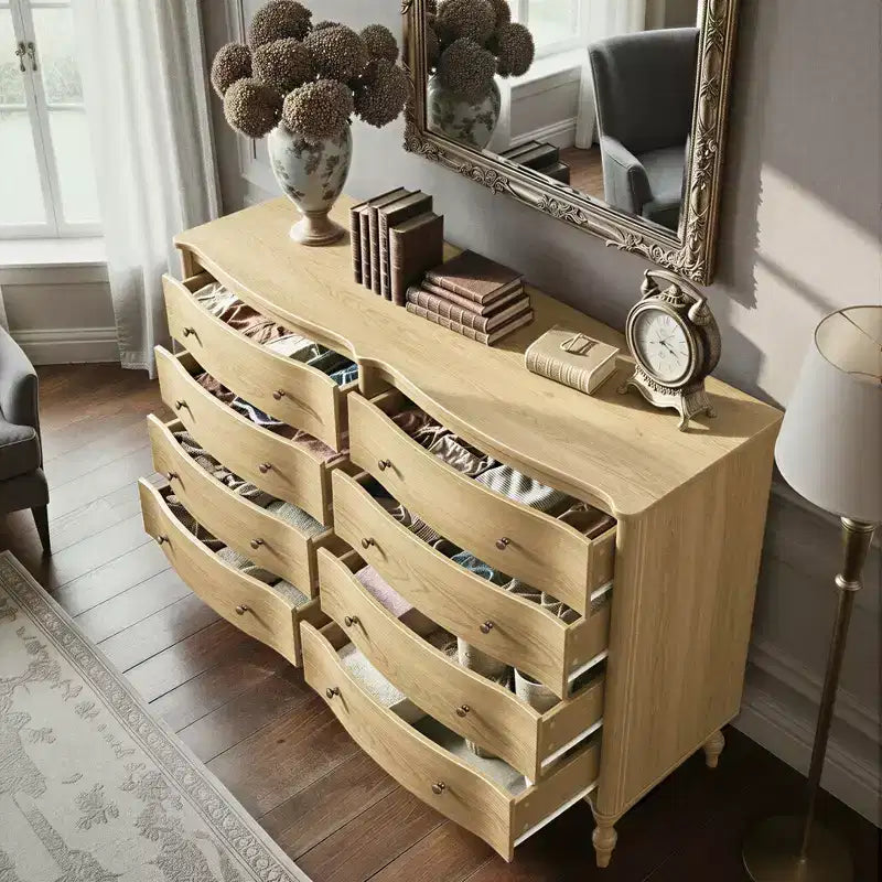 Commode vintage galbée en chêne noir/clair avec 8 tiroirs, Rangement de chambre à coucher avec poignées en bronze