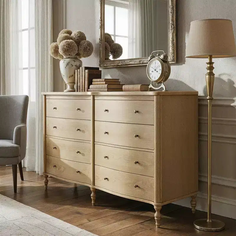 Commode vintage galbée en chêne noir/clair avec 8 tiroirs, Rangement de chambre à coucher avec poignées en bronze
