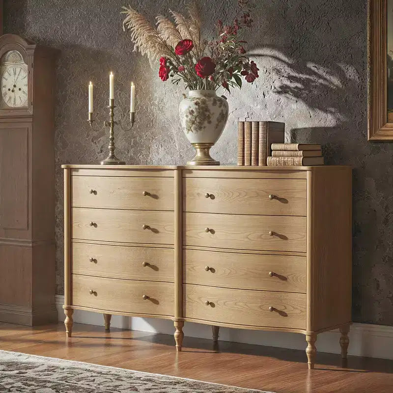 Commode vintage galbée en chêne noir/clair avec 8 tiroirs, Rangement de chambre à coucher avec poignées en bronze