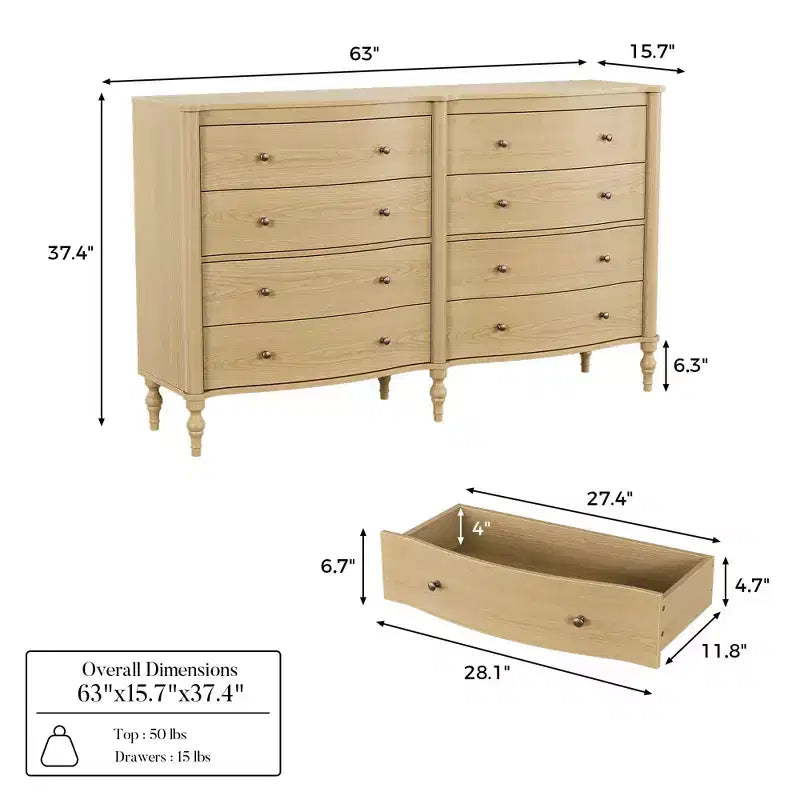 Commode vintage galbée en chêne noir/clair avec 8 tiroirs, Rangement de chambre à coucher avec poignées en bronze