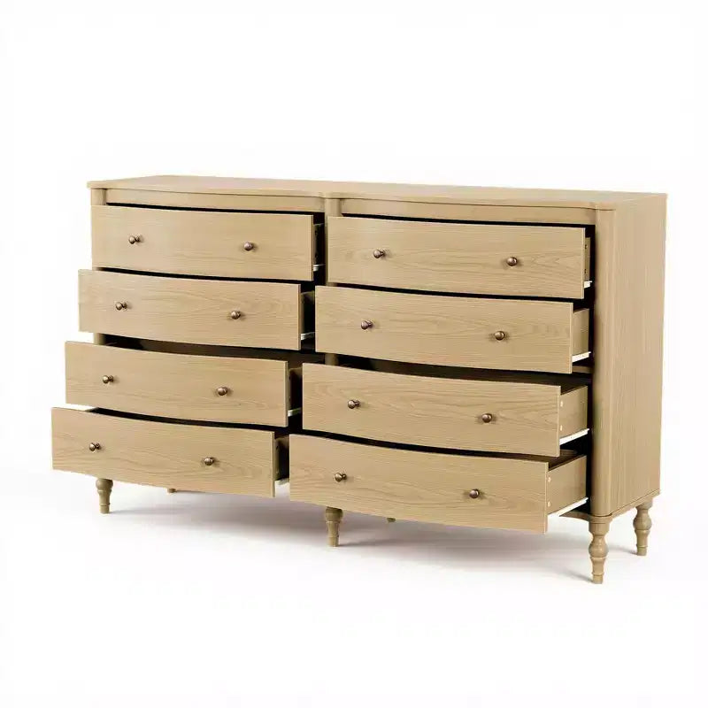 Commode vintage galbée en chêne noir/clair avec 8 tiroirs, Rangement de chambre à coucher avec poignées en bronze