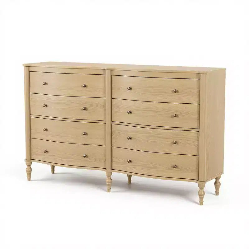 Commode vintage galbée en chêne noir/clair avec 8 tiroirs, Rangement de chambre à coucher avec poignées en bronze