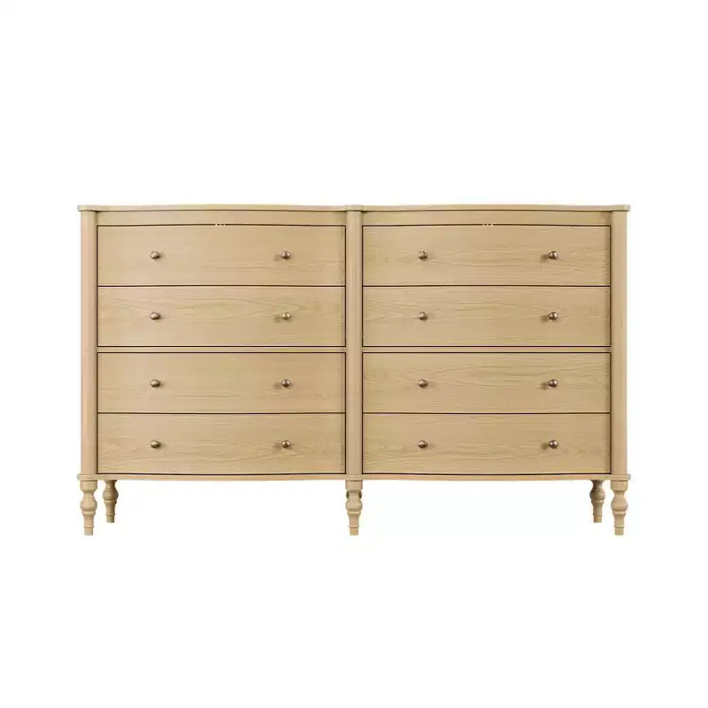Commode vintage galbée en chêne noir/clair avec 8 tiroirs, Rangement de chambre à coucher avec poignées en bronze