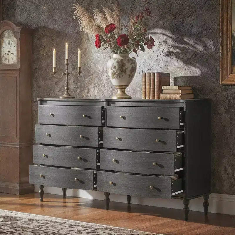 Commode vintage galbée en chêne noir/clair avec 8 tiroirs, Rangement de chambre à coucher avec poignées en bronze