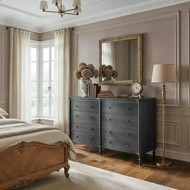 Commode vintage galbée en chêne noir/clair avec 8 tiroirs, Rangement de chambre à coucher avec poignées en bronze