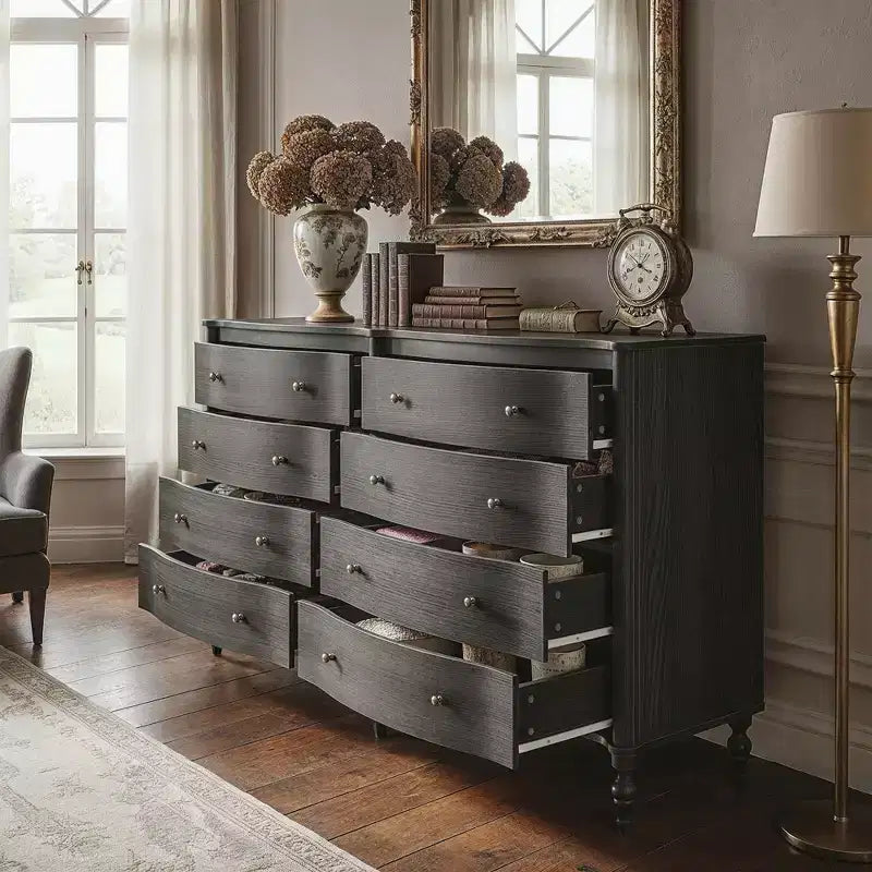 Commode vintage galbée en chêne noir/clair avec 8 tiroirs, Rangement de chambre à coucher avec poignées en bronze
