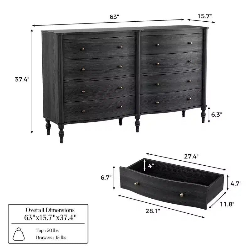 Commode vintage galbée en chêne noir/clair avec 8 tiroirs, Rangement de chambre à coucher avec poignées en bronze