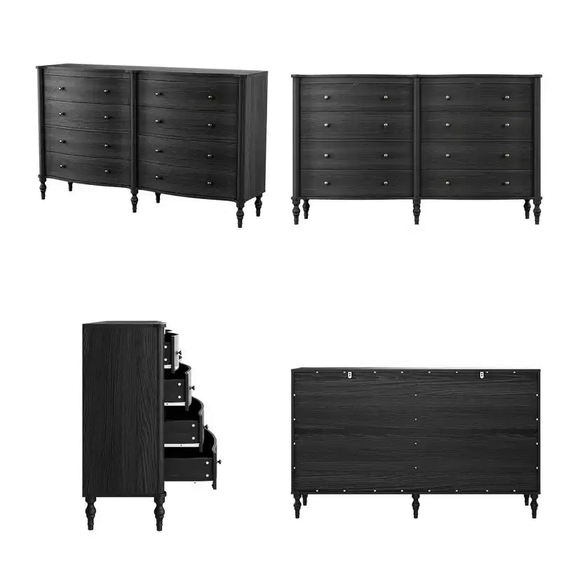 Commode vintage galbée en chêne noir/clair avec 8 tiroirs, Rangement de chambre à coucher avec poignées en bronze