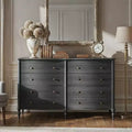 Commode vintage galbée en chêne noir/clair avec 8 tiroirs, Rangement de chambre à coucher avec poignées en bronze