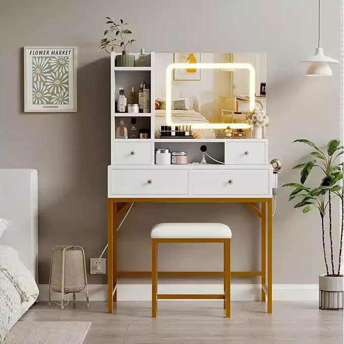 Vanity Desk with Mirror, Makeup Vanity TableModern Dressing Table and Stool with Charging Station, 4 Drawers and 2 Open Shelves