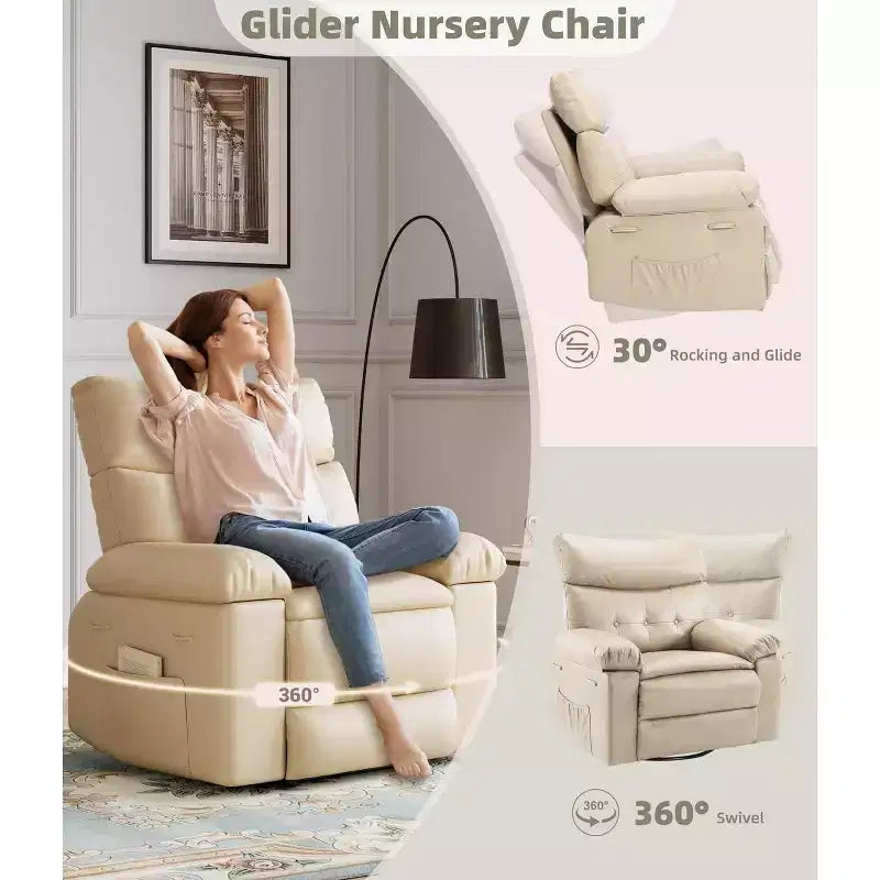 Fauteuil inclinable, pivotant et basculant extra-large, en cuir PU, manuel, avec assise large pour adultes, pour chambre d'enfant ou salon