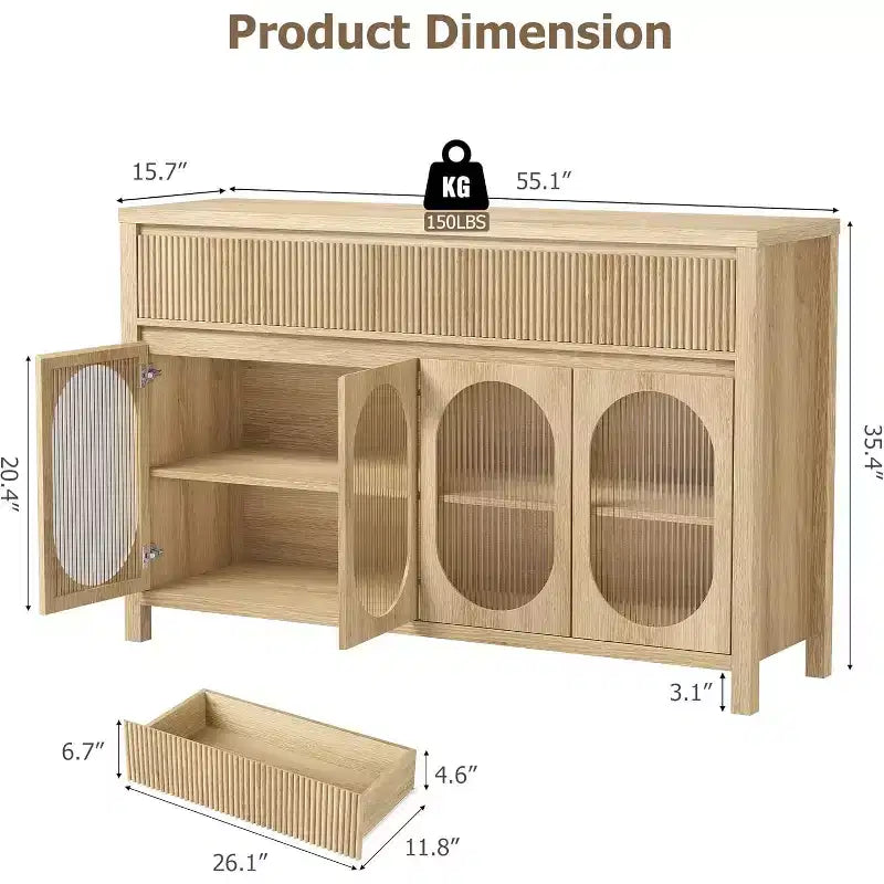 Buffet vaisselier de 55" avec portes en verre et tiroirs cannelés, meuble de rangement pour salle à manger, cuisine, salon, naturel