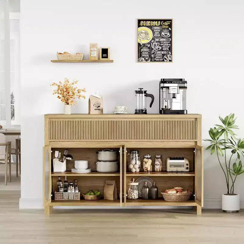Buffet vaisselier de 55" avec portes en verre et tiroirs cannelés, meuble de rangement pour salle à manger, cuisine, salon, naturel