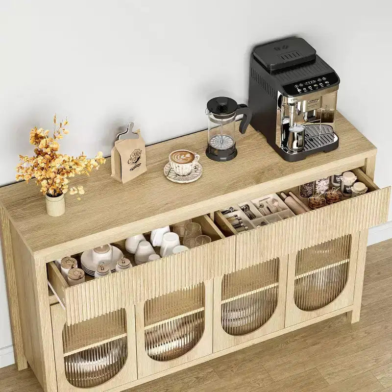 Buffet vaisselier de 55" avec portes en verre et tiroirs cannelés, meuble de rangement pour salle à manger, cuisine, salon, naturel