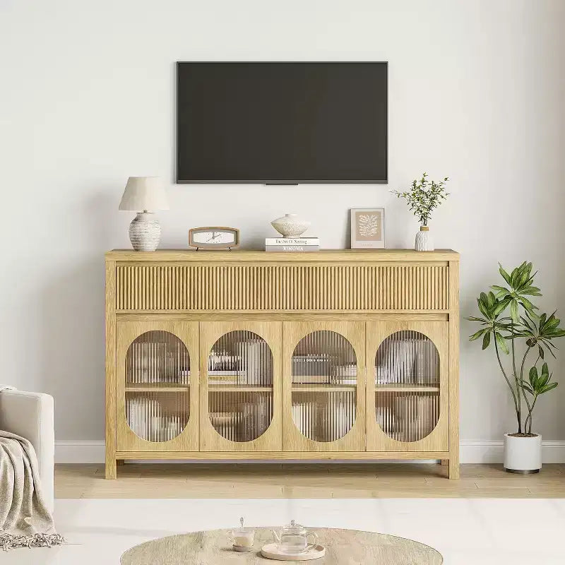 Buffet vaisselier de 55" avec portes en verre et tiroirs cannelés, meuble de rangement pour salle à manger, cuisine, salon, naturel