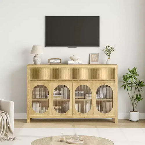 Buffet vaisselier de 55" avec portes en verre et tiroirs cannelés, meuble de rangement pour salle à manger, cuisine, salon, naturel