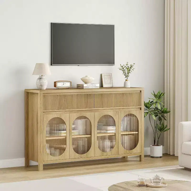 Buffet vaisselier de 55" avec portes en verre et tiroirs cannelés, meuble de rangement pour salle à manger, cuisine, salon, naturel
