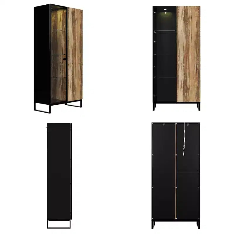 Bibliothèque-vitrine à LED avec portes en verre et en bois, rangement élégant pour la décoration et les livres, armoire autoportante