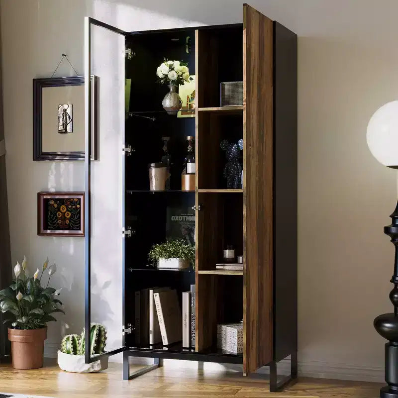 Bibliothèque-vitrine à LED avec portes en verre et en bois, rangement élégant pour la décoration et les livres, armoire autoportante