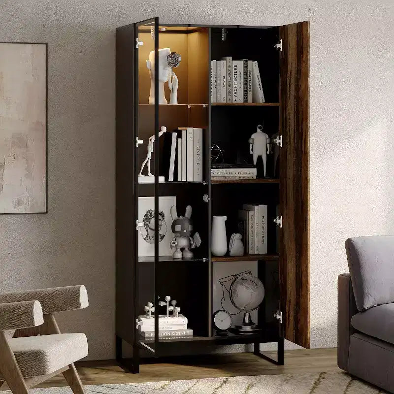 Bibliothèque-vitrine à LED avec portes en verre et en bois, rangement élégant pour la décoration et les livres, armoire autoportante