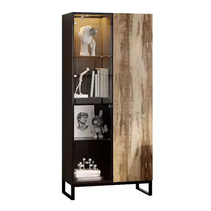 Bibliothèque-vitrine à LED avec portes en verre et en bois, rangement élégant pour la décoration et les livres, armoire autoportante