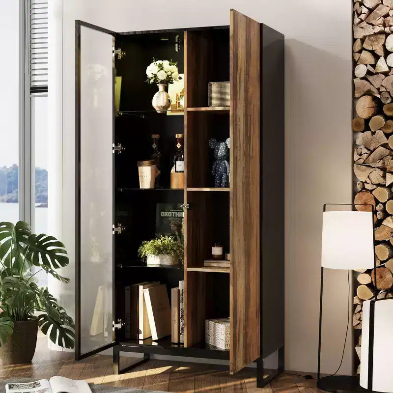 Bibliothèque-vitrine à LED avec portes en verre et en bois, rangement élégant pour la décoration et les livres, armoire autoportante