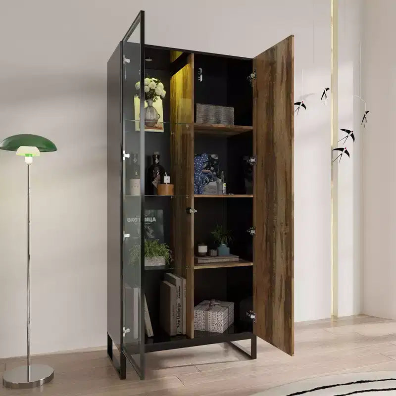 Bibliothèque-vitrine à LED avec portes en verre et en bois, rangement élégant pour la décoration et les livres, armoire autoportante