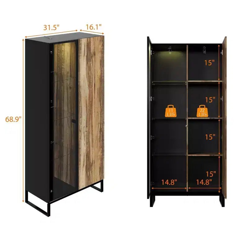 Bibliothèque-vitrine à LED avec portes en verre et en bois, rangement élégant pour la décoration et les livres, armoire autoportante