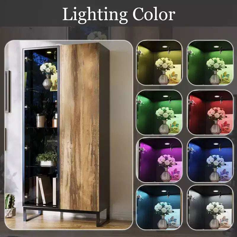 Bibliothèque-vitrine à LED avec portes en verre et en bois, rangement élégant pour la décoration et les livres, armoire autoportante