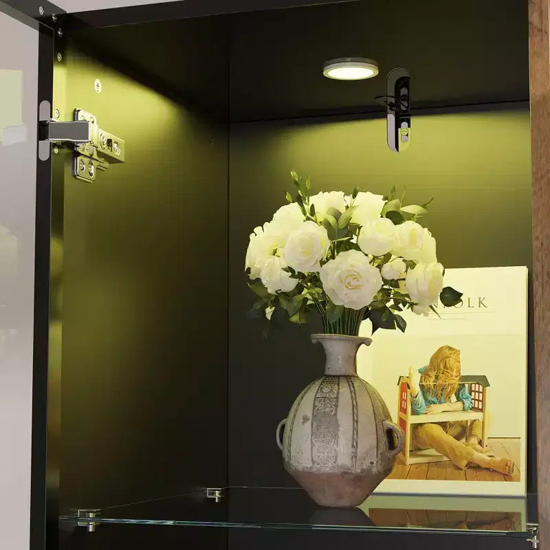Bibliothèque-vitrine à LED avec portes en verre et en bois, rangement élégant pour la décoration et les livres, armoire autoportante