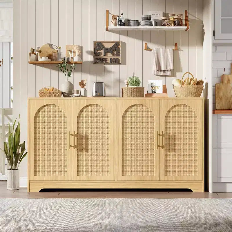Meuble de rangement buffet de 150 cm - Grande crédence avec 4 portes en rotin, console moderne, meuble de bar à café pour salon, cuisine