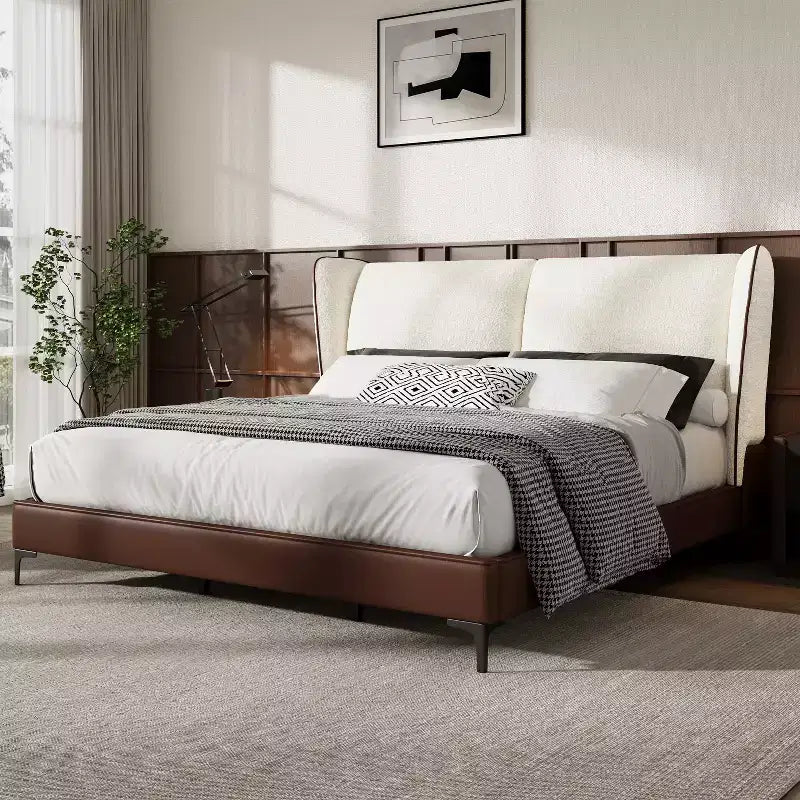 Lit plateforme moderne King Size en similicuir rembourré avec tête de lit capitonnée en tissu peluche