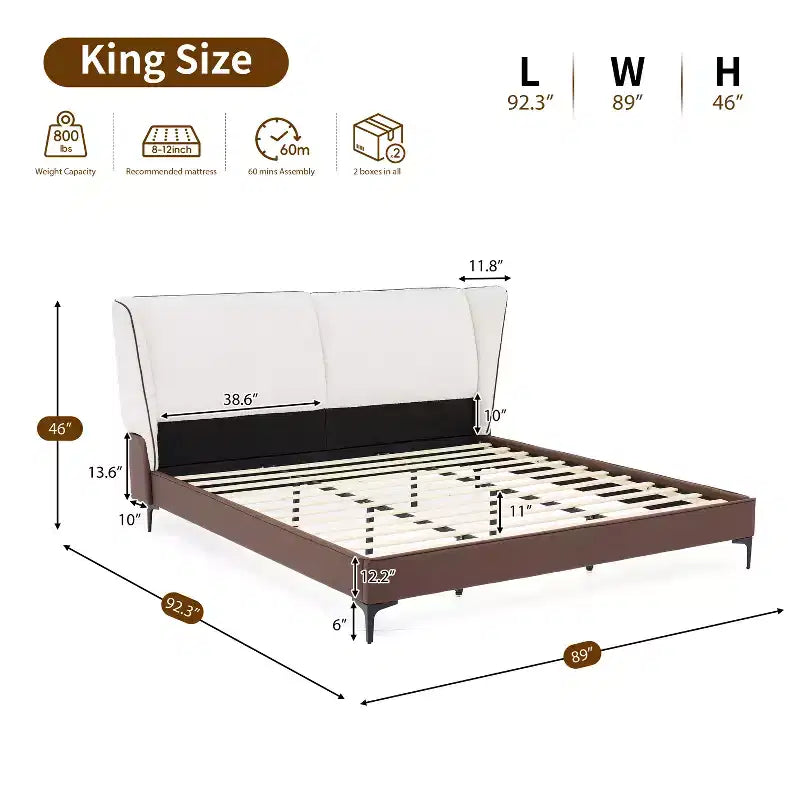Lit plateforme moderne King Size en similicuir rembourré avec tête de lit capitonnée en tissu peluche